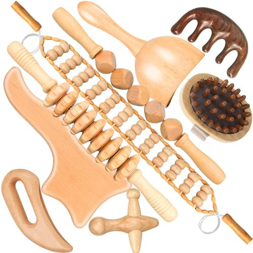 Lot de 9 outils de massage thérapeutique du bois pour façonner le corps, kit Maderoterapia pour drainage lymphatique anti-cellulite, ensemble de rouleaux de massage incurvés en bois pour jambes et