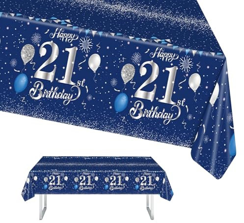 21st Birthday Table Cloth, 137x274cm Tablecloths Blue and Sliver 21st Birthday Party Table Decor, Plastic Waterproof Rectangular Table Cover for Men Women, Birthday Gifts Party Table Decoration