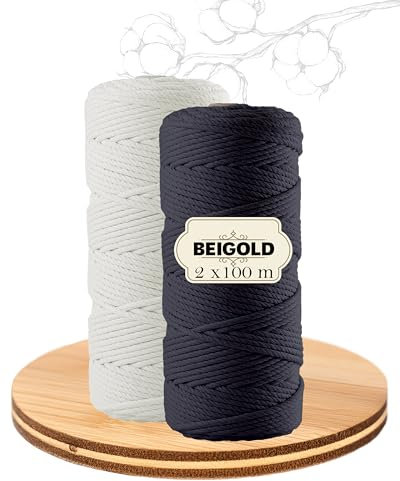BEIGOLD® Premium Makramee Garn 2er Set- Schwarz+Weiß (3mm x 100m) für wunderschöne natürliche Optik. Baumwollgarn für Makramee Kunst DIY Handwerk