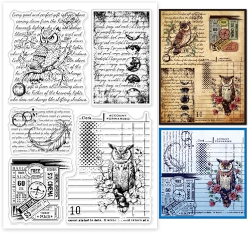 GLOBLELAND Vintage Eulen Wörter Hintergrund Klare Stempel Für Kartenherstellung Retro Eulen Ticket Hintergrund Silikon Klare Stempelsiegel Transparente Stempel Für DIY Scrapbooking Journal Dekor