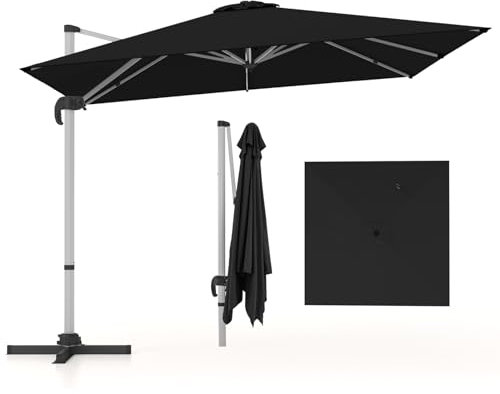 COSTWAY Sombrilla Terraza Exterior rectangular con Base 3x3m, Parasol Jardin Excentrico, Rotación de 360°, Inclinación Ajustable, Guarda Sol Jardin Exterior, Manivela y Base en Cruz (negro)