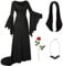 UWXOZO Addams Kostüm Damen Halloween Kostüm für Erwachsene Hexe Gothic Vintage Kleid Perücke Schwarz for Addams Family Fledermaus und Perücke Kappen Halskette Rote Rosen UX002XL