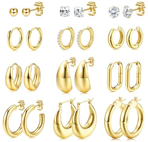 MILACOLATO 12 Paar 14K Vergoldete Ohrstecker Set | Hypoallergene Huggie Ohrringe Ohrstecker für Damen und Mädchen mit Zirkonia | Nickelfreie Chirurgenstahl Ohrringe für Mehrere Ohrlöcher