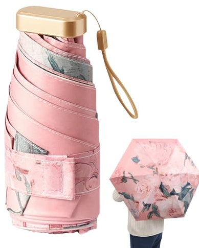 Sun Ombrello da viaggio con manico ad anello – Piccoli ombrelli da donna, dimensione borsa | Ombrello leggero con protezione UV | Mini ombrellone | Zaino portatile per Dam