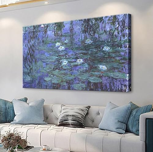 Large Blue Water Lilies by Claude Monet Canvas Wall Art Famous Painting - Classic Artwork Wall Decor Picture Print with Framed for Bedroom Living Room Office -24 x36