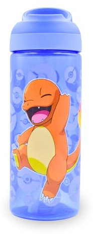 HOX Pokémon Charmer Bouteille d'hydratation réutilisable sans BPA pour enfants avec boucle de transport intégrée, bec rabattable et paille amovible – 600 ml, blanc/opaque