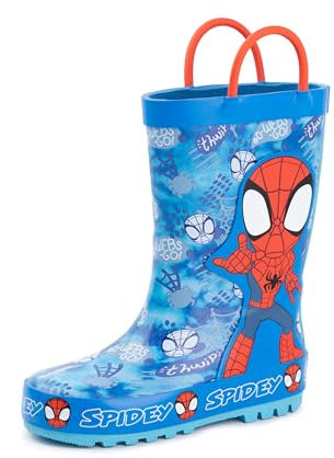 Marvel Stivali Wellington per ragazzi di Spiderman | Stivali di gomma per bambini con personaggio Spiderman e stampa Web in blu e rosso | Stivali in gomma per bambini resistenti all'acqua