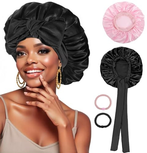 PAEFIU 2 Stück Satin Seidenhaube Zum Schlafen Weiche Satin Haarhaube mit 2 Haargummis Atmungsaktive Sleep Satin Bonnet für Lange Kurze Lockige Haare (Schwarz, Rosa)