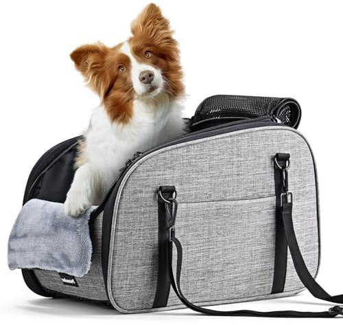 Petzauber Hundeautositz für Kleine Hunde – Hunde Autositz für Mittelkonsole, Tragbarer Hundesitz mit Doppeltem Sicherheitsgurt und Rutschfester Unterseite, Waschbarem Kissen, Lagerungstasche, Grau