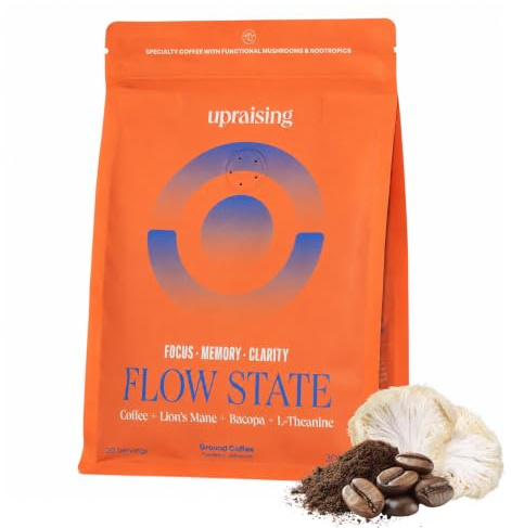 Cafe Champignon Adaptogene | Lions Mane + Bacopa Monnieri + L Theanine | Marque Upraising. Café moulu arabica de spécialité, 300g, 20 doses. Concentration, mémoire et clarté.