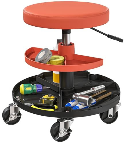 HOMCOM Rolling Mechanic Stool, 135kg Capacity Workshop Stool, 360° Swivel Roller Padded Creeper Seat with Wheels, Tool Trays Storage for Garage, Shop, Auto Repair, Yellow