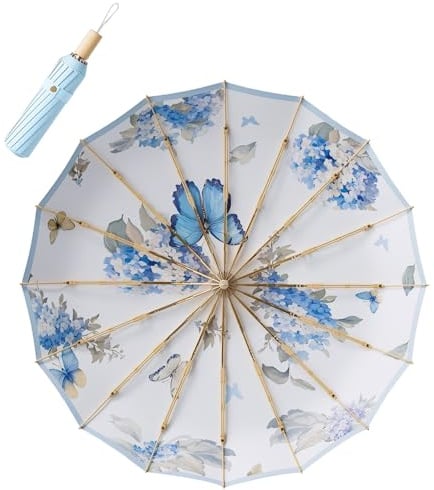 Meichoon Retro Sonnenschirm UPF50+ UV-Schutz groß 102cm/40in für 2 Personen Upgrade verdicktes Doppelknochen-Fiberglas 16 Rippen wasserdichter windabweisender Klappschirm für Frauen Reiseholzgriff