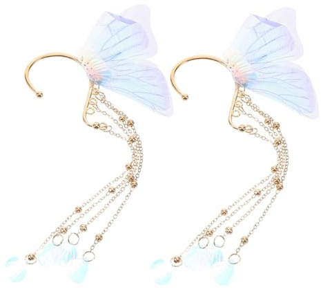 2pcs Mermaid Ear Cuff Dangle Earrings for Girls Alloy Blue | Butterfly Fairy Wings, Cute Tassel Design, Dress up Mermaid Cosplay, Lightweight Comfort