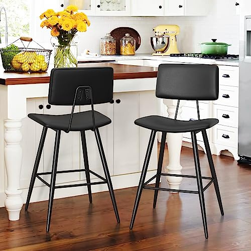 LUE BONA Barhocker 2er Set mit Lehne und Fußstütze, Schwarz | Sattelsitz Barstuhl Barhocker, Kunstleder, Tapered Metallbeine Barstuhl, für Kücheninsel, Bar