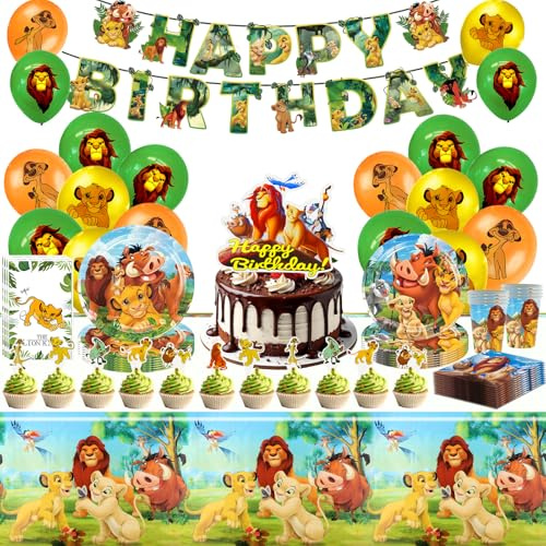König Löwen Geburtstag Deko, 95 Stück Geburtstagsdeko Set, Kindergeburtstag Deko Mit Tischdecke Pappteller Becher Servietten Cake Toppers etc, Geeignet für Kinder Themenparty