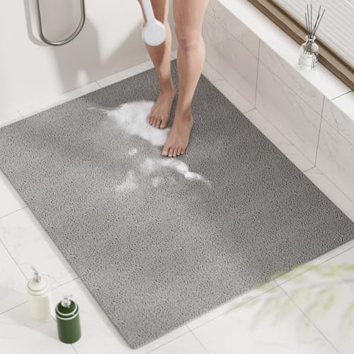 HITSLAM Duschmatte rutschfest, 100x80cm Badewannenmatte rutschfest mit Ablauf, Weiche PVC-Luffa Antirutschmatte Badewanne, Schnell Trocknende Badematte, Grau