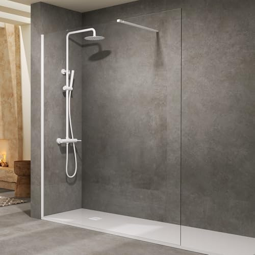 IMEX - Schermo doccia fisso bianco 60 cm anteriore con braccio di fissaggio, pannello in vetro anticalcare e profili in alluminio con altezza 200 cm, vetro con spessore 8 mm e sistema di montaggio