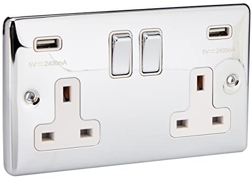 AET CPC2GUSBWC Polished Chrome Classical 2 Gang w Charging Ports White Insert Metal Rocker Switches-13 Amp Double Plug Socket & Dual USB Power Outlet