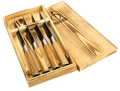Forged Olive Steakmesser, 4-teilig, handgefertigt, in Holzkiste