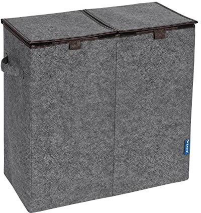 WENKO Wäschesammler Duo Grau/Braun, Stabiler Wäschekorb aus Filz mit 2 Fächern & separaten Klappdeckeln, praktischer Tragegriff für einfachen Transport, 82 Liter Volumen, (B x H x T): 52 x 54 x 28 cm