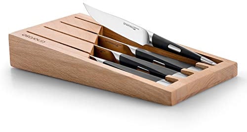 linoroso Steak Knives Set of 4 Sharp Forged German Stainless Steel Semi Serrated Steak Knife Set with Exquisite Beech Wood Knifes Block Ergonomic Handle - MAKO Series