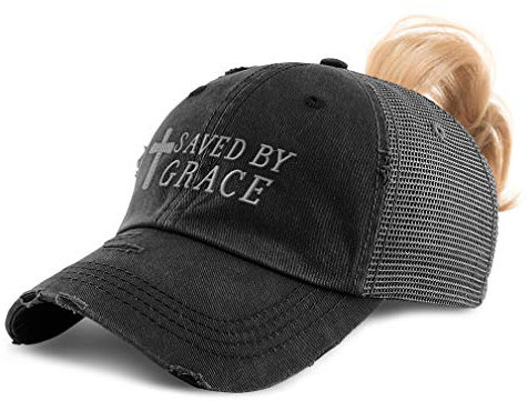 Custom Womens Ponytail Cap Saved by Grace Jesus Christian Embroidery Cotton, Black Design Only, One Size
