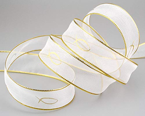 finemark 20 m x 25 mm Chiffonband Fische Kommunion Konfirmation Chiffon Weiss Gold Dekoband Geschenkband Schleifenband transparent