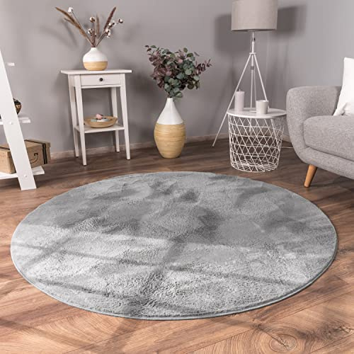 Paco Home Teppich Wohnzimmer Kunstfell weich waschbar modern elegant pflegeleicht Felloptik Uni Seidenglanz flauschig Kurzflor, Grösse:120 cm Rund, Farbe:Anthrazit