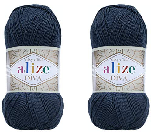 Alize Diva Yarn Handstrickgarn, 100 % Mikrofaser-Acrylgarn, Alize Diva, Seiden-Effekt, Häkelgarn, Kunst, Spitze, Basteln, 2 Knäuel, 200 g, 760 Yds (361-Navy)