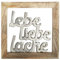 Großer edler Schriftzug auf Mango-Holz in brüniertem Aluminium als Wandbild, Modell: LEBE LIEBE LACHE, Maße 20 x 20 x 2,5 cm, Farbe Natur und Aluminium, tolle Deko fürs Cafe oder Zuhause