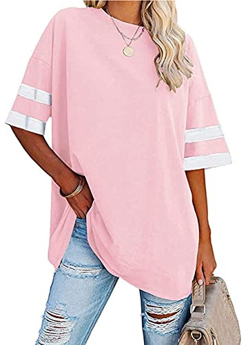 Famulily Ladies Color Block T Shirt Women Oversized Baseball Tshirts Casual Round Neck Half Sleeve Tops Pink XL