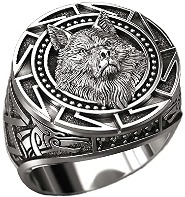 DFWY Nordic Viking Wolfskopf Ring Für Herren, Slawischer Keltischer Wolf Totem Edelstahlring, Gothic Retro Tier Amulett Siegelring Krieger Schmuck Größe 7-12 (Size : 12)