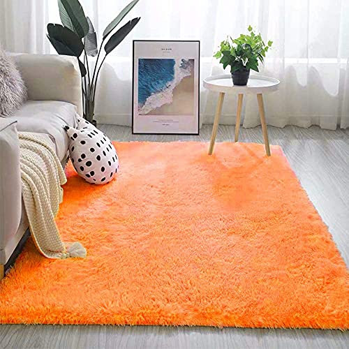 warmsile Hochflor Teppich Wohnzimmerteppich Langflor, Flauschig Teppiche Für Wohnzimmer Und Schlafzimmer, Modern Design Shaggy Teppich,Orange,140 x 200 cm