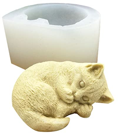 Chiyyak Molde de silicona con diseño de gato 3D, diseño de gato durmiendo, molde de epoxi, molde de jabón, molde para velas, manualidades