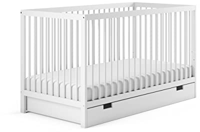 Babybett Kinderbett Gitterbett 60x120 höhenverstellbar & herausnehmbare Sprossen, mit Schublade und Matratze | Buchenholz weiß sehr stabil Made in Europe | von Geburt bis 3. Lebensjahr
