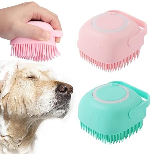 Dog Bath Scrubber Soft Silicone Pet Grooming Brush With Shampoo Massage Dispenser for Short Long Haired Dogs And Cats (Blue+Pink)