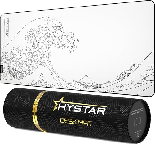 Hystar® Extended Gaming Mouse Pad | XXXL 45 x 20 | 5mm Thick, Waterproof Surface, Smooth Polyester Fabric, and Natural Rubber Base | The Great Wave (White)