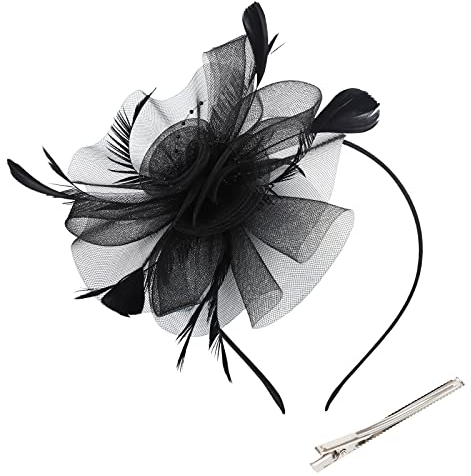Fascinators Hut Blume Mesh Federn Stirnband mit Haarspange Haarreifen Photo Booth Requisiten Kostüm Stirnbänder Cocktail Tee Hochzeit Kirche Party Kopfbedeckung Rennhut für Mädchen Frauen (Schwarz)