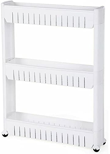 ZENO 3-Tier Slim Slide Out Kitchen Storage Trolley Cart White | Rolling Mobile Shelving Unit | Storage Tower Holder Rack on Wheels for Kitchen, Bathroom, Laundry, Office