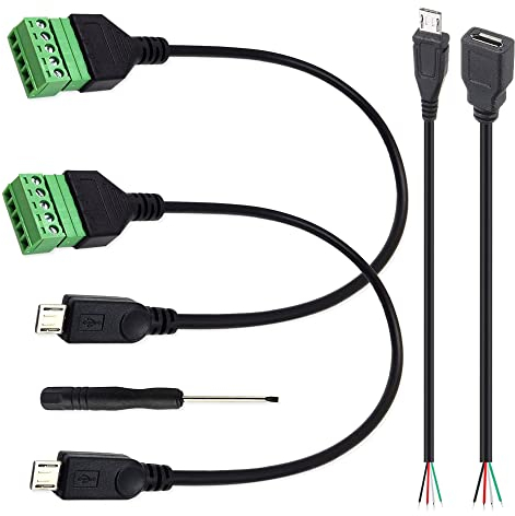Xiatiaosann 5pcs câble de connecteur de bornier à vis micro USB, 30cm bornes de blindage à vis câble adaptateur de type enfichable avec fils nus micro USB mâle et femelle et tournevis