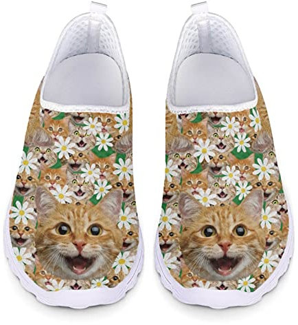 Kuiaobaty Damen-Wanderschuhe, Schlupfschuhe, Totenkopf, Schmetterling, Katzen-Druck, Mädchen-Turnschuhe, bequem, leicht, Sneaker, Netzstoff, Arbeitsschuhe, Lustige Katze Floral, 39 EU