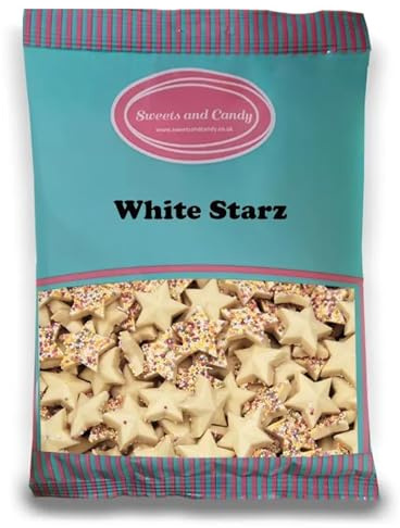 Sweets and Candy® White Stars 1Kg - Retro Creamy White Chocolate Flavour Candy - Star Shaped with Rainbow Sugar Sprinkles on Top - Bulk 1 Kilo Bag - Pick and Mix Share Size Bags