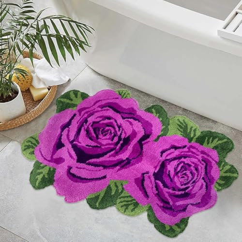 USTIDE Tappeto da bagno a pelo lungo, viola, antiscivolo, con 2 rose, lavabile, motivo floreale, per comodino, cucina, porta di San Valentino, 60 x 90 cm