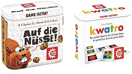 Game Factory 646273 Auf die Nüsse, das knackige Würfelspiel & 46195 Kwatro, Mini-Kartenspiel in handlicher Metalldose, Legespiel-Mix für Kinder und Erwachsene, Reisespiel