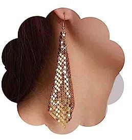 Allereya Vintage Metall Netz Ohrringe - Gitter Pailletten Langes Quaste Pailletten Tropfen - Leichtes Netz Haken Ohrhaken Schmuck für Frauen Und Mädchen (Gold)