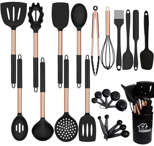 UXIYI Kitchen Utensils Set, Silicone Cooking Utensils, 25Pcs Spatula Set with Rose Gold Stainless Steel Handle, Kitchen Tools for Nonstick Non Scratch Cookware,Black