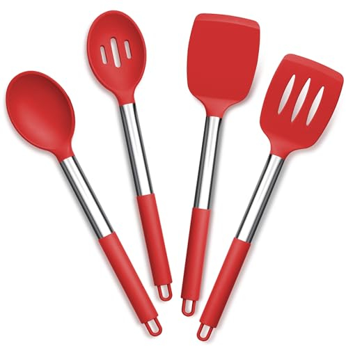 Joyfair Kitchen Utensils Set, 4 Pack Silicone Cooking Utensils Set, Stainless Steel Spatula Turner Spoon Cookware Ideal for Cooking Mixing Serving Stirring, Non Stick & Dishwasher Safe, Red