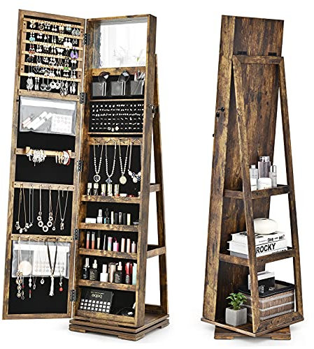 GOPLUS Armoire à Bijoux avec Miroir Plein Longueur, Armoire à Bijoux Pivotante sur Pied avec 3 Étagères de Rangement, Serrure, 3 en 1 Organisateur de Bijoux pour Maquillage, Habillage, Marron
