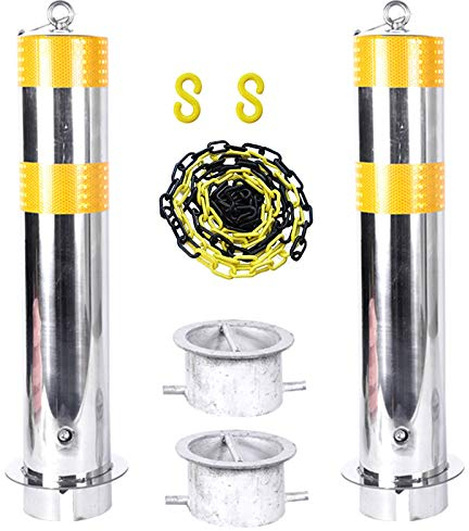 Reflektierendes Band, Metallpfosten, 5 m Absperrkette und 2 Stück Sicherheitspfosten für Einfahrten, Parksperre aus Edelstahl mit Aufhängering und beweglicher Basis (Größe: 600 mm × 114 mm, Farbe: Sil