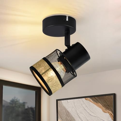Glitzerlife Deckenstrahler 1 Flammig Schwarz Deckenleuchte - Deckenlampe Flur Metall Vintage mit Gold Stoffschirm Deckenspot E27 LED Max.40W 330°schwenkbar für Wohnzimmer Schlafzimmer Küche